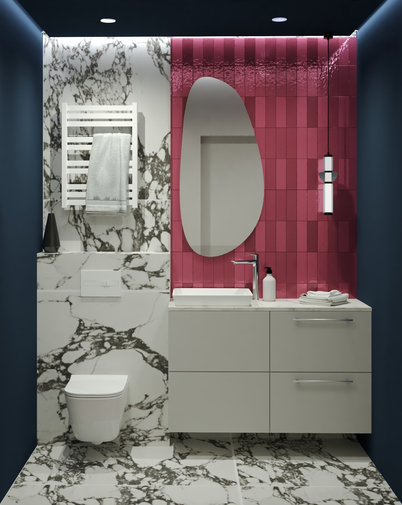 Nowoczesna łazienka z marmurowymi płytkami i różową ścianą z podłużnych płytek. Umywalka nablatowa z szafką, asymetryczne lustro i designerska lampa wisząca.