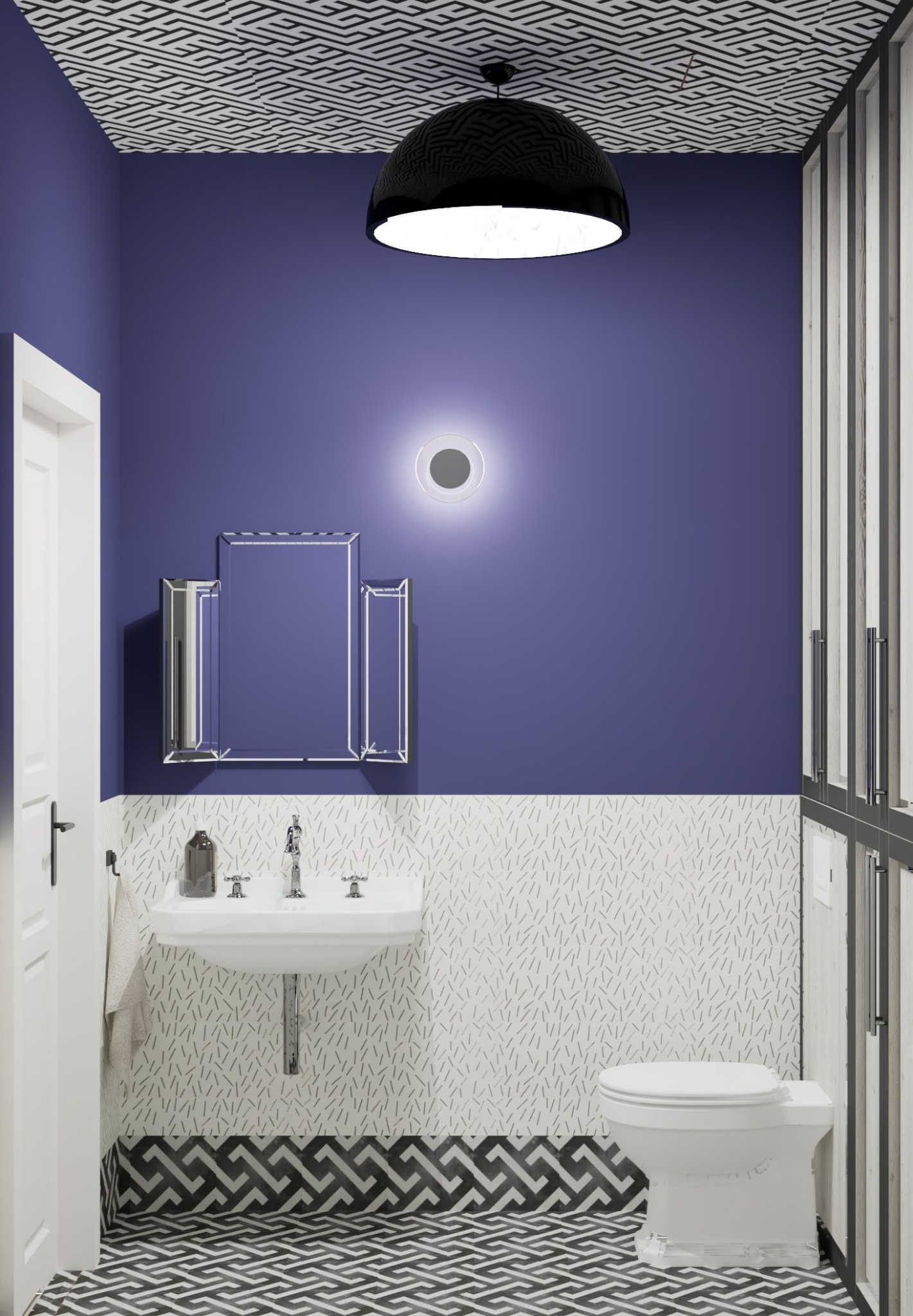 Nowoczesna łazienka w odcieniach fioletu i bieli. Umywalka z lustrem, toaleta i wzorzysta podłoga. Czarna lampa sufitowa i geometryczny wzór na suficie.