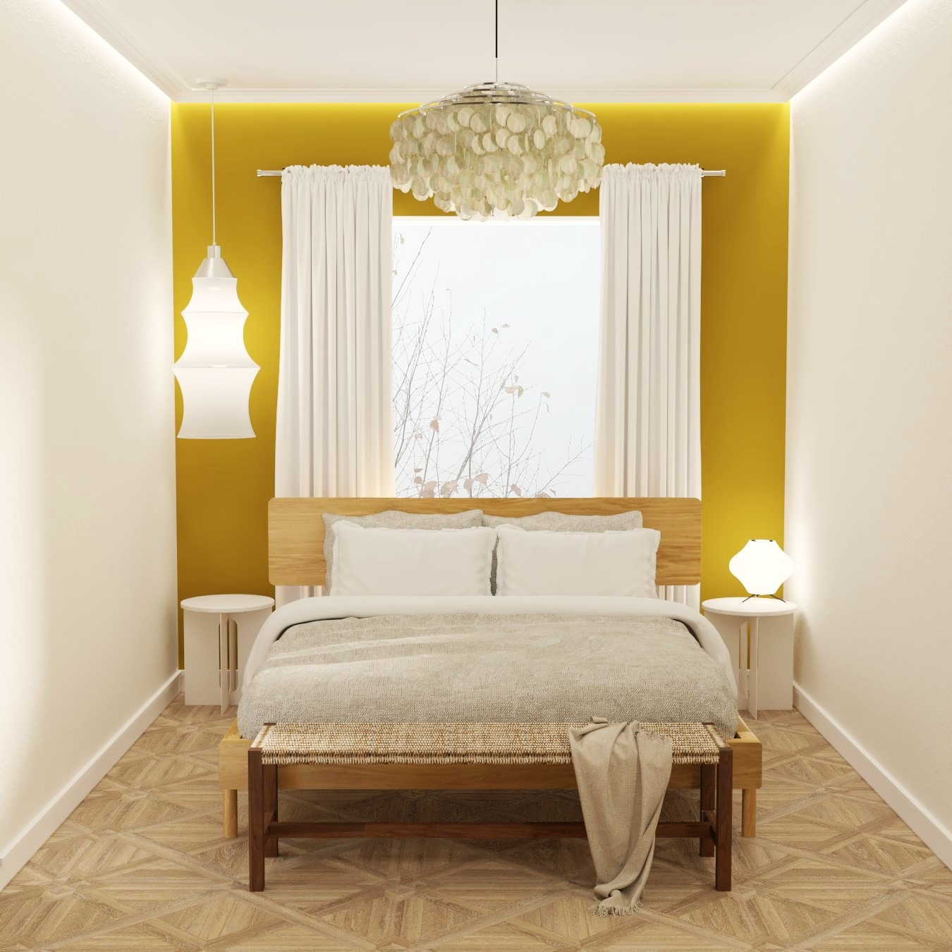 Jasna sypialnia z drewnianym łóżkiem, białymi poduszkami i narzutą. Żółta ściana za wezgłowiem, białe zasłony i lampy po bokach. Parkiet w jodełkę i dekoracyjny żyrandol.