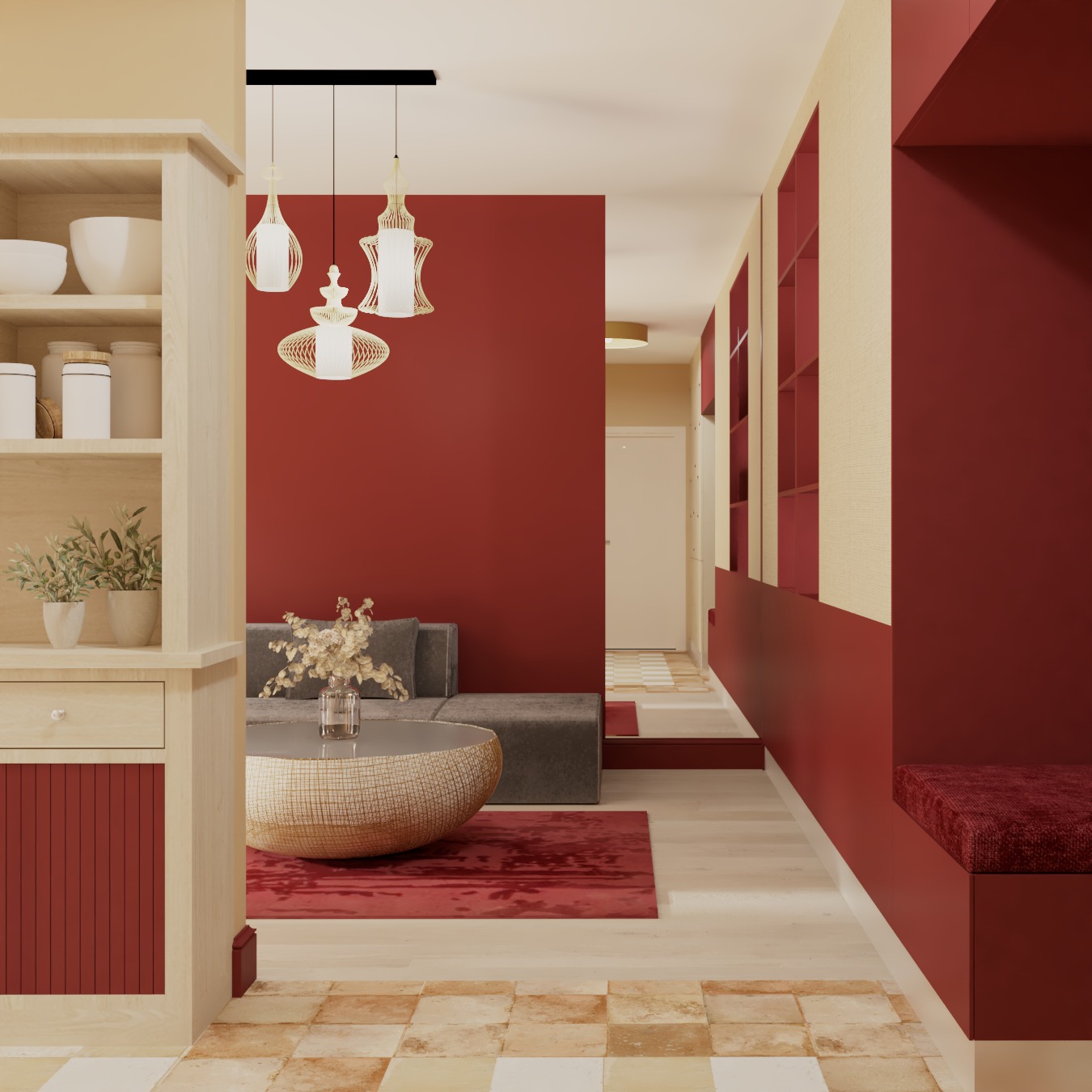 Wnętrze z akcentami czerwieni: regał z dekoracjami, sofa, stolik kawowy i lampy wiszące. Czerwona ściana i dywan dodają ciepła. Podłoga w beżowo-białą szachownicę.