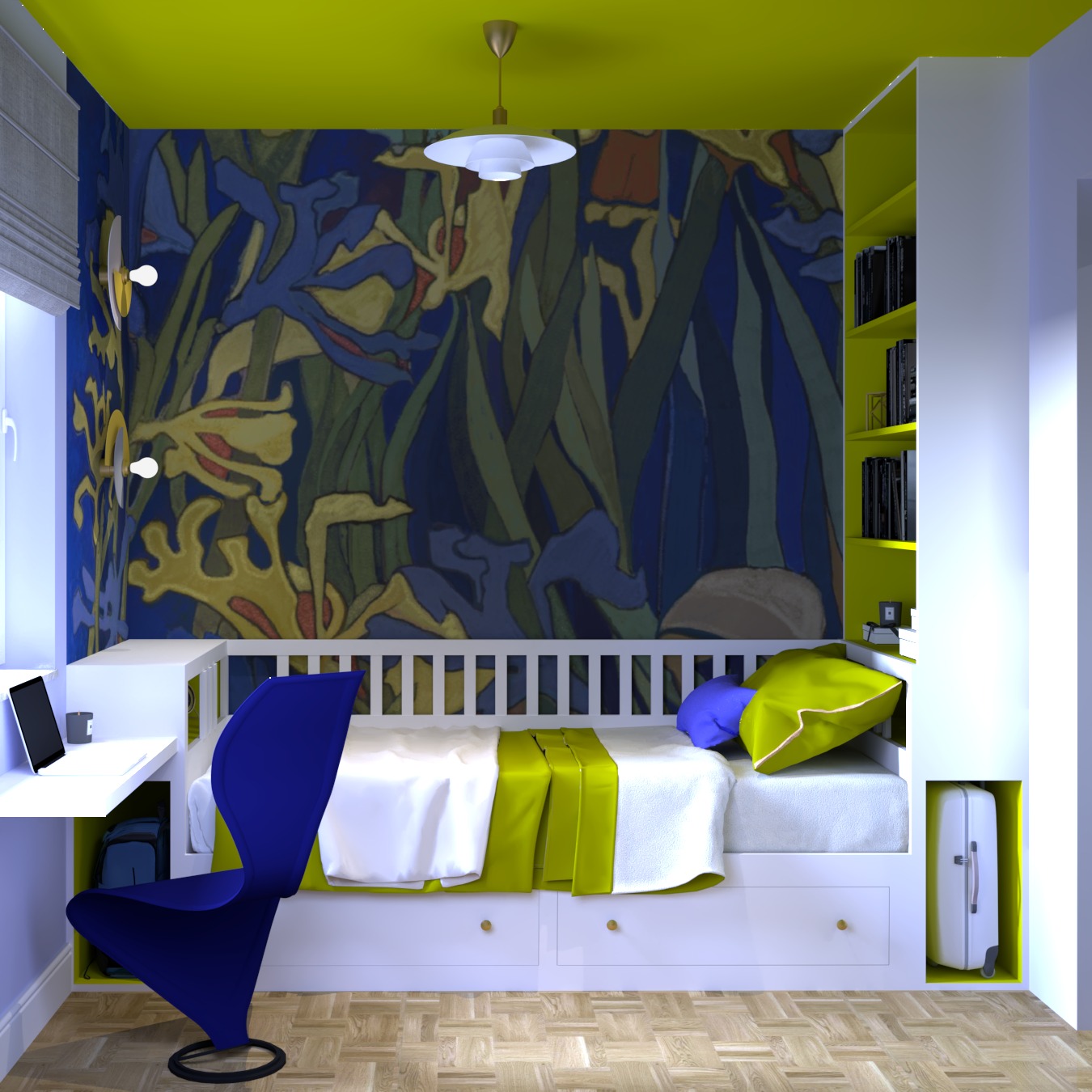 Pokój młodzieżowy z łóżkiem w zabudowie, biurkiem i regałem w odcieniach bieli, niebieskiego i limonki. Na ścianie dekoracyjny wzór roślinny, podłoga w jasnym drewnie.
