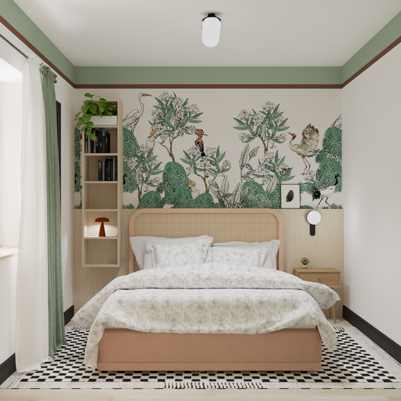 Sypialnia z łóżkiem z rattanowym wezgłowiem, tapetą w motywy roślinne i zwierzęce, lampką nocną i czarno-białym dywanem w szachownicę.