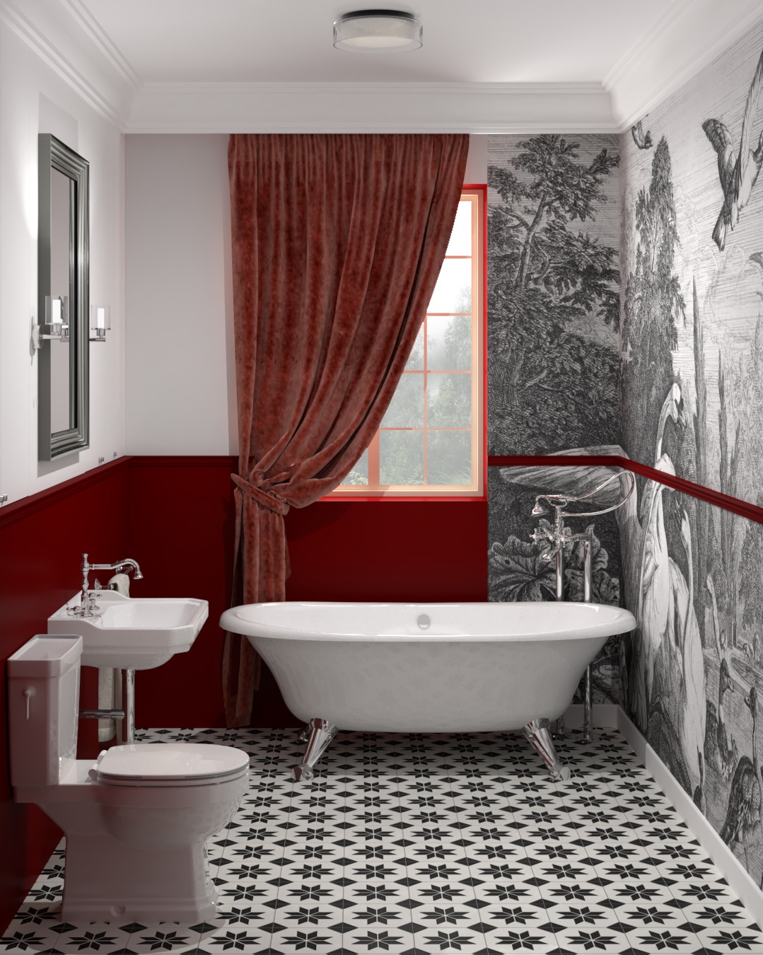 Elegancka łazienka z wolnostojącą wanną na lwich nóżkach, wzorzystą podłogą i tapetą w stylu retro. Czerwone akcenty i welwetowa zasłona dodają wnętrzu charakteru.