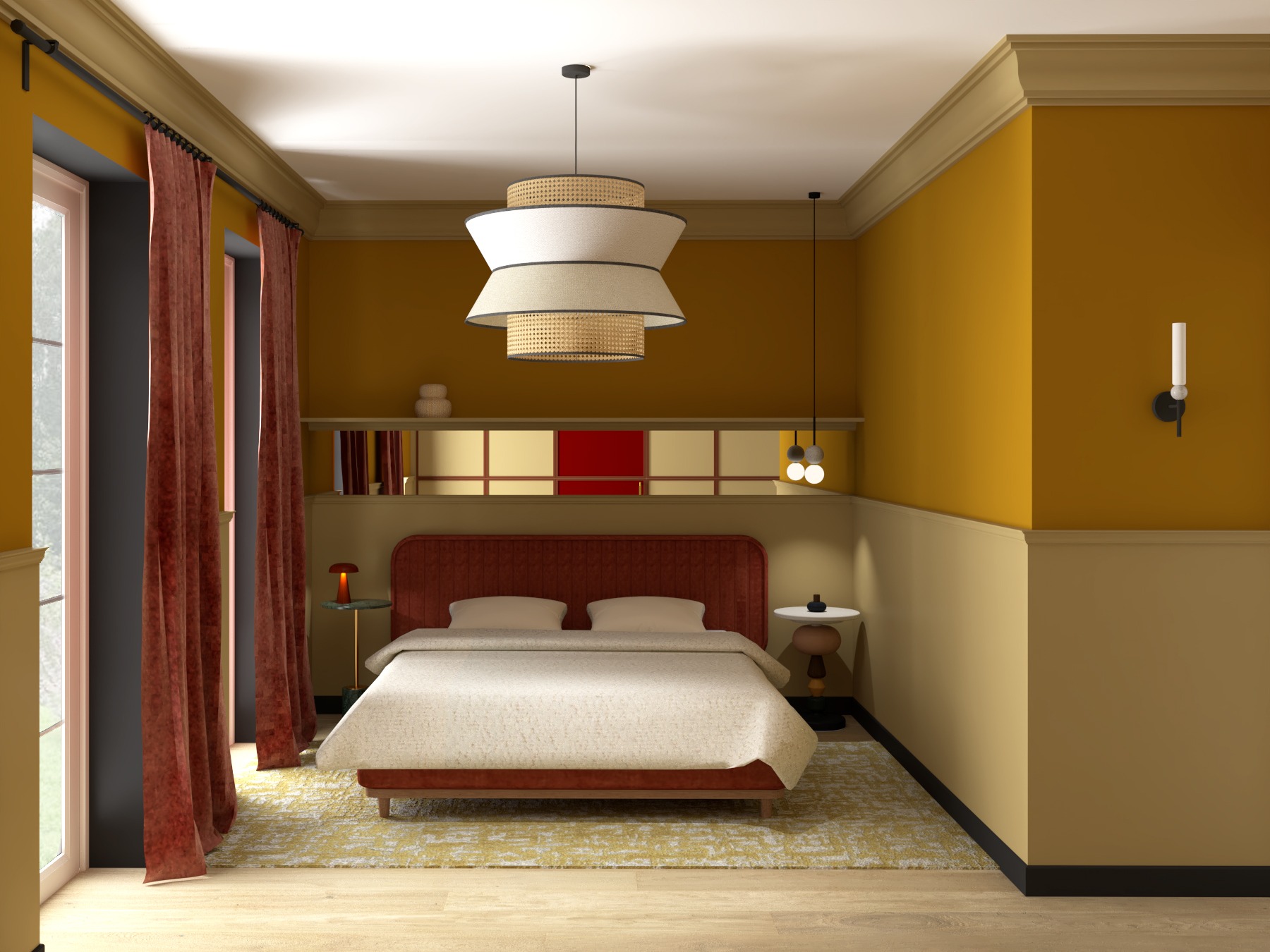 Sypialnia w ciepłych barwach: musztardowe ściany, bordowe zasłony i łóżko z welurowym zagłówkiem. Nad łóżkiem designerska lampa z elementami rattanu.