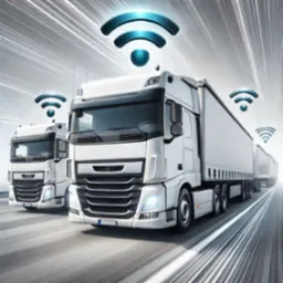 Dwie białe ciężarówki z naczepami w ruchu, z niebieskimi ikonami Wi-Fi nad nimi, sugerujące połączenie z siecią.