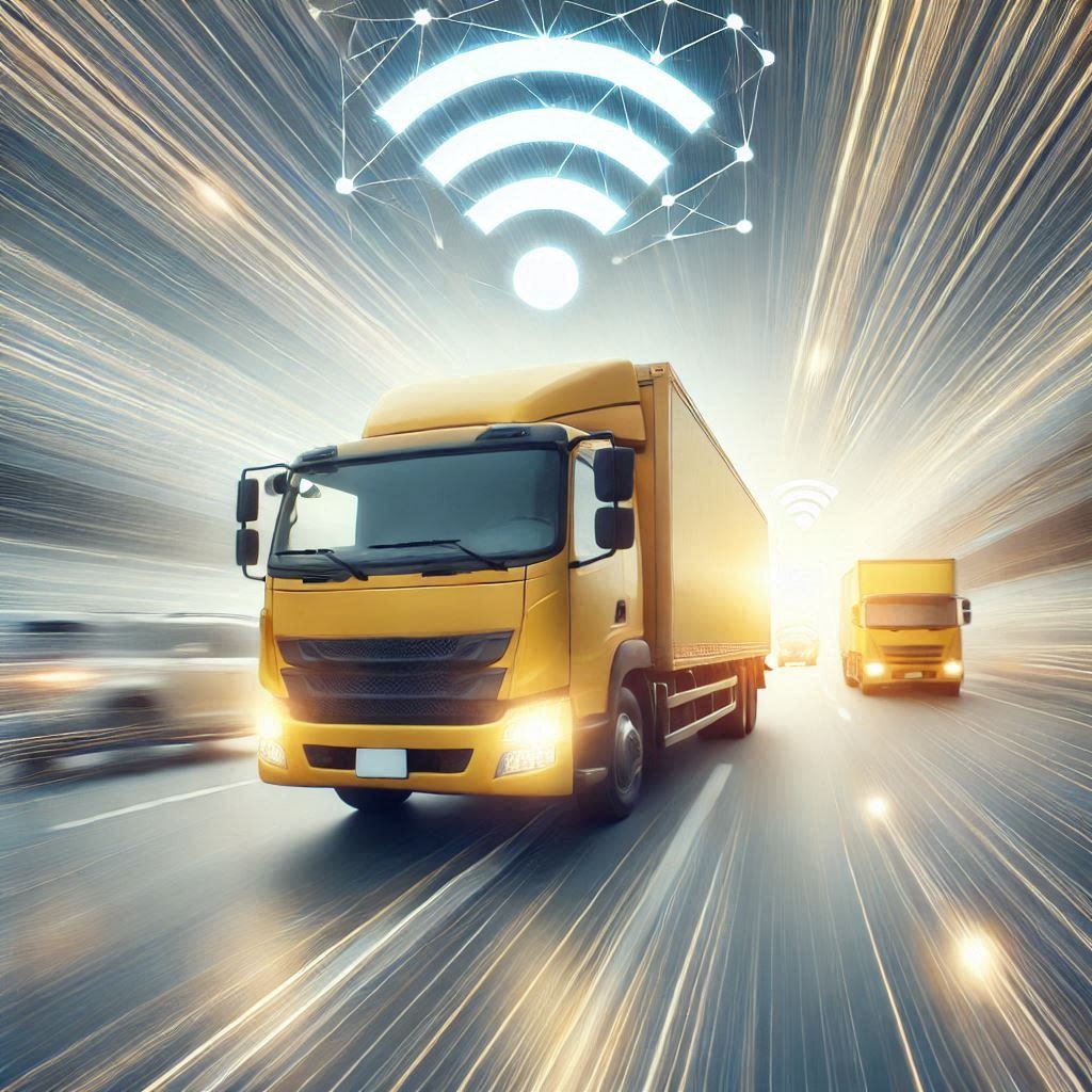 Żółta ciężarówka w ruchu na drodze z efektem rozmycia prędkości, nad nią ikona Wi-Fi symbolizująca połączenie z siecią.