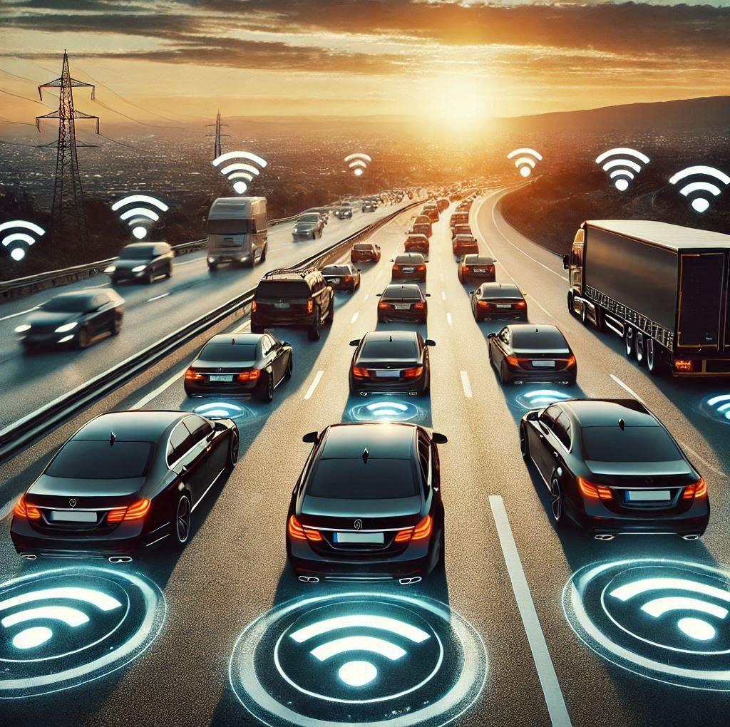 Autostrada z jadącymi samochodami i ciężarówkami, nad którymi unoszą się ikony Wi-Fi, symbolizujące połączenie i komunikację w systemie monitoringu.