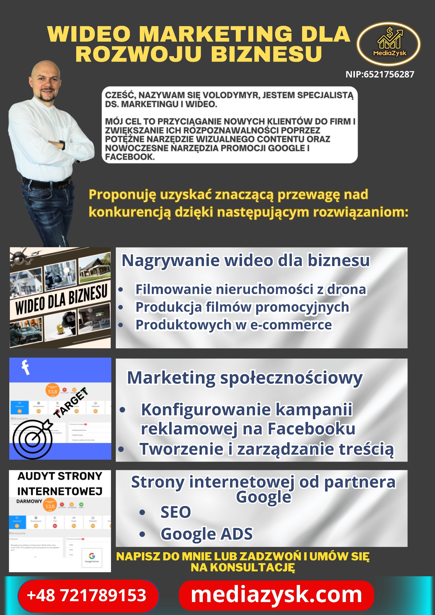 Plakat reklamowy agencji MediaZysk oferującej wideomarketing i rozwiązania cyfrowe, z wizerunkiem właściciela, informacjami o ofercie (nagrywanie wideo dla biznesu, marketing społecznościowy...