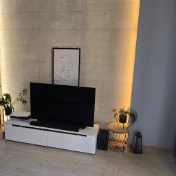 Wolski Wykończenia Wnętrz - Nowoczesny salon z betonową ścianą podświetloną paskiem LED, białą szafką RTV i minimalistycznym plakatem. Widok na zieleń za oknem i fragment otwartych drzwi.