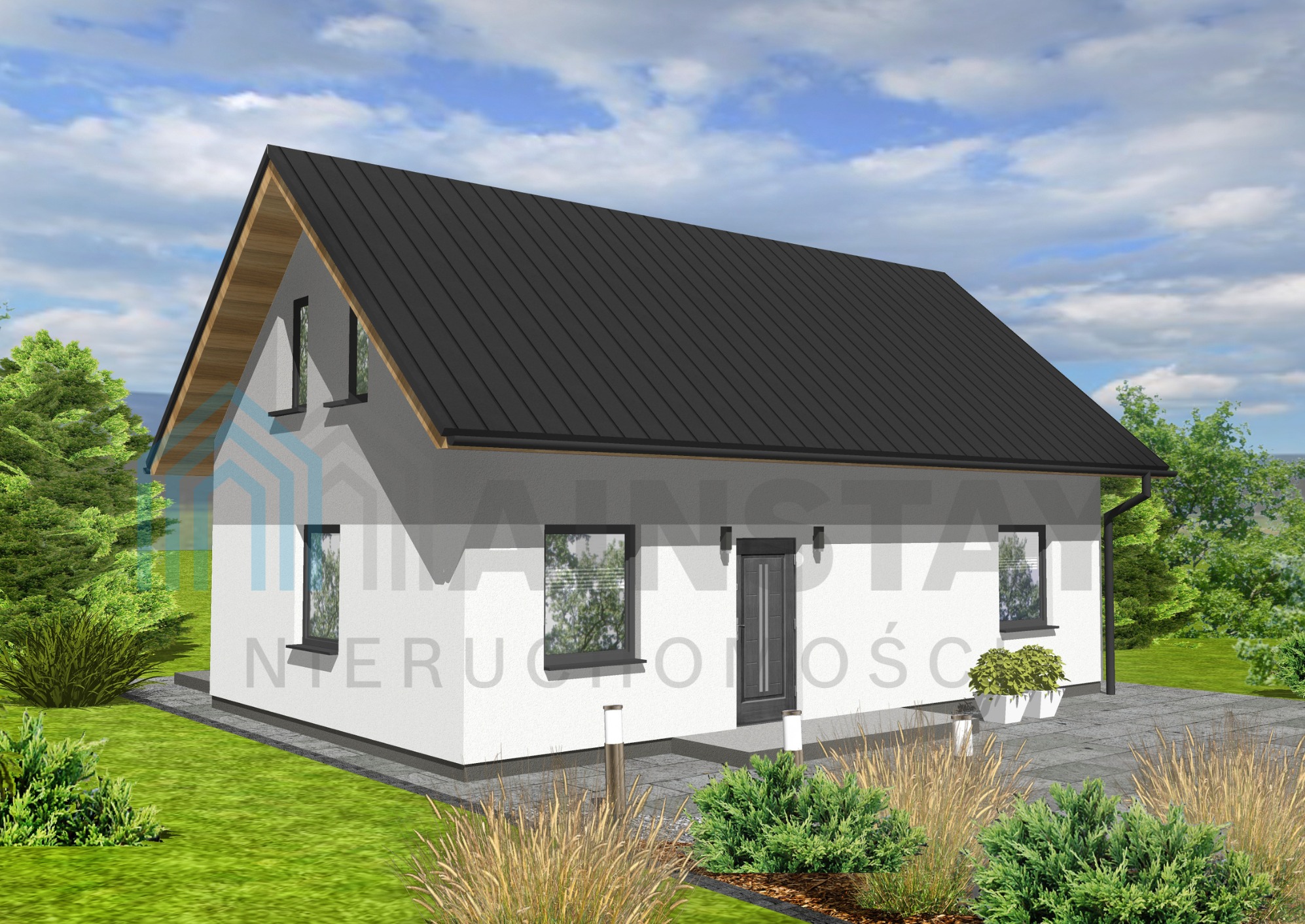 Wizualizacja domu z czarnym dachem, białymi ścianami i szarą stolarką okienną, otoczonego zielenią i kostką brukową. Widoczne lampy ogrodowe i rośliny w donicach.