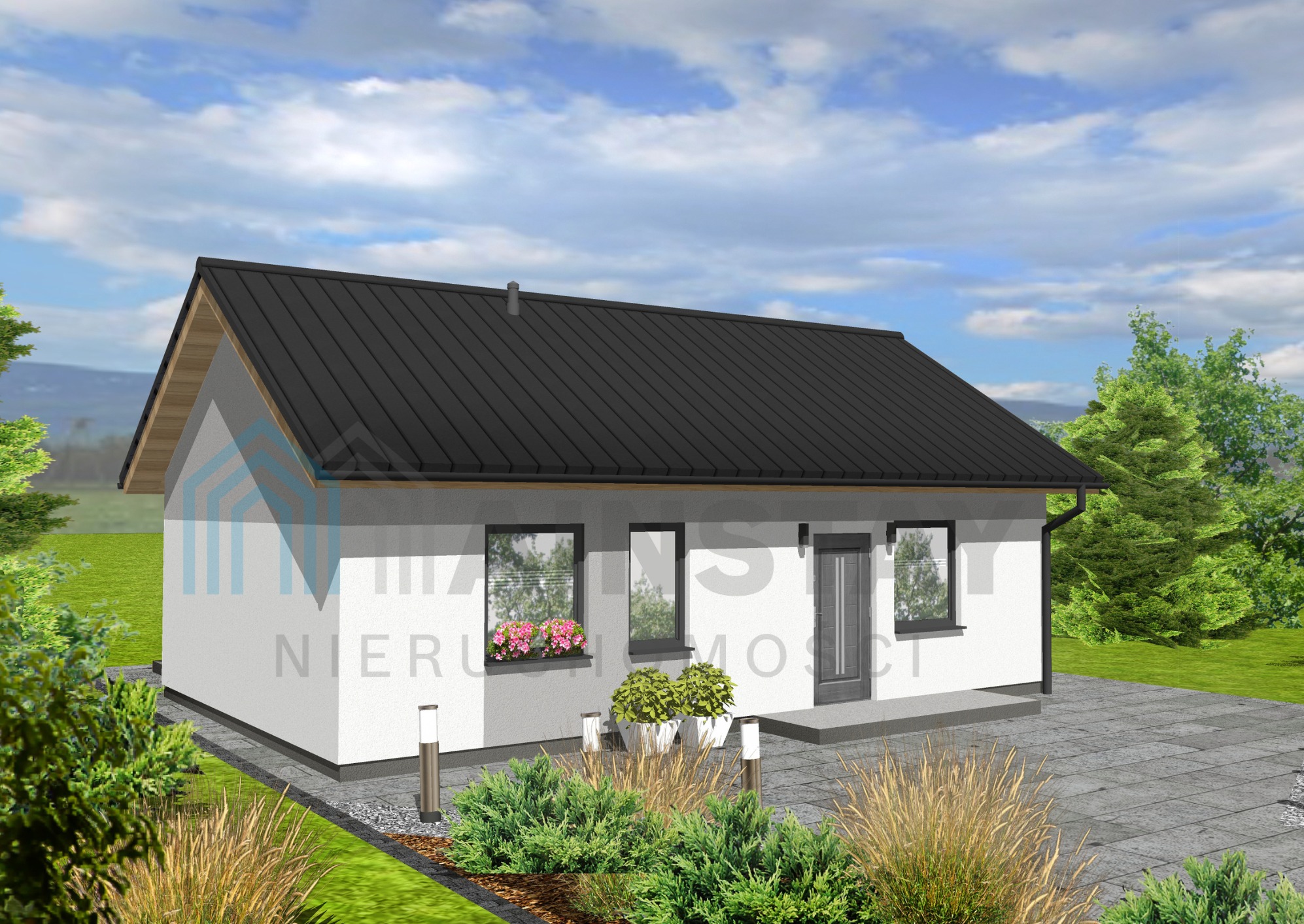 Wizualizacja parterowego domu z czarnym dachem, białymi ścianami i zadbanym ogrodem. Widoczne kwiaty w oknie i lampy ogrodowe.