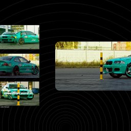 BOLD MEDIA SPÓŁKA Z OGRANICZONĄ ODPOWIEDZIALNOŚCIĄ - Turkusowy samochód BMW E46 w trakcie driftu, widoczny dym spod kół, kilka ujęć z różnych perspektyw, w tym zbliżenie na przód pojazdu z żółto-czarnym słupkiem.