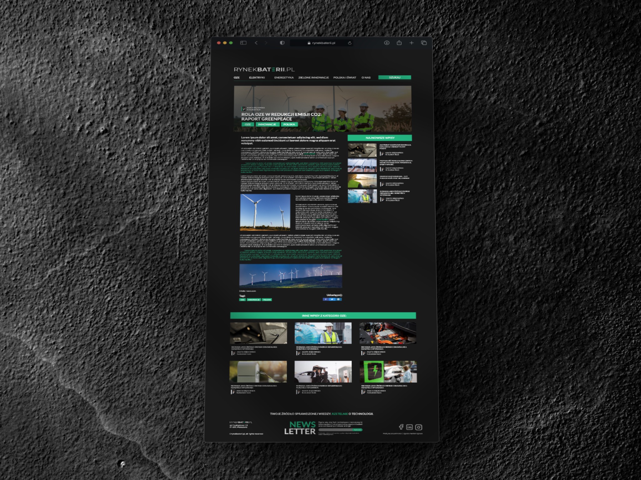 Wyświetlona na ekranie komputera strona internetowa rynekbaterii.pl z artykułem o odnawialnych źródłach energii i redukcji emisji CO2, zawierająca nagłówek, tekst, zdjęcia wiatraków i osób, menu...