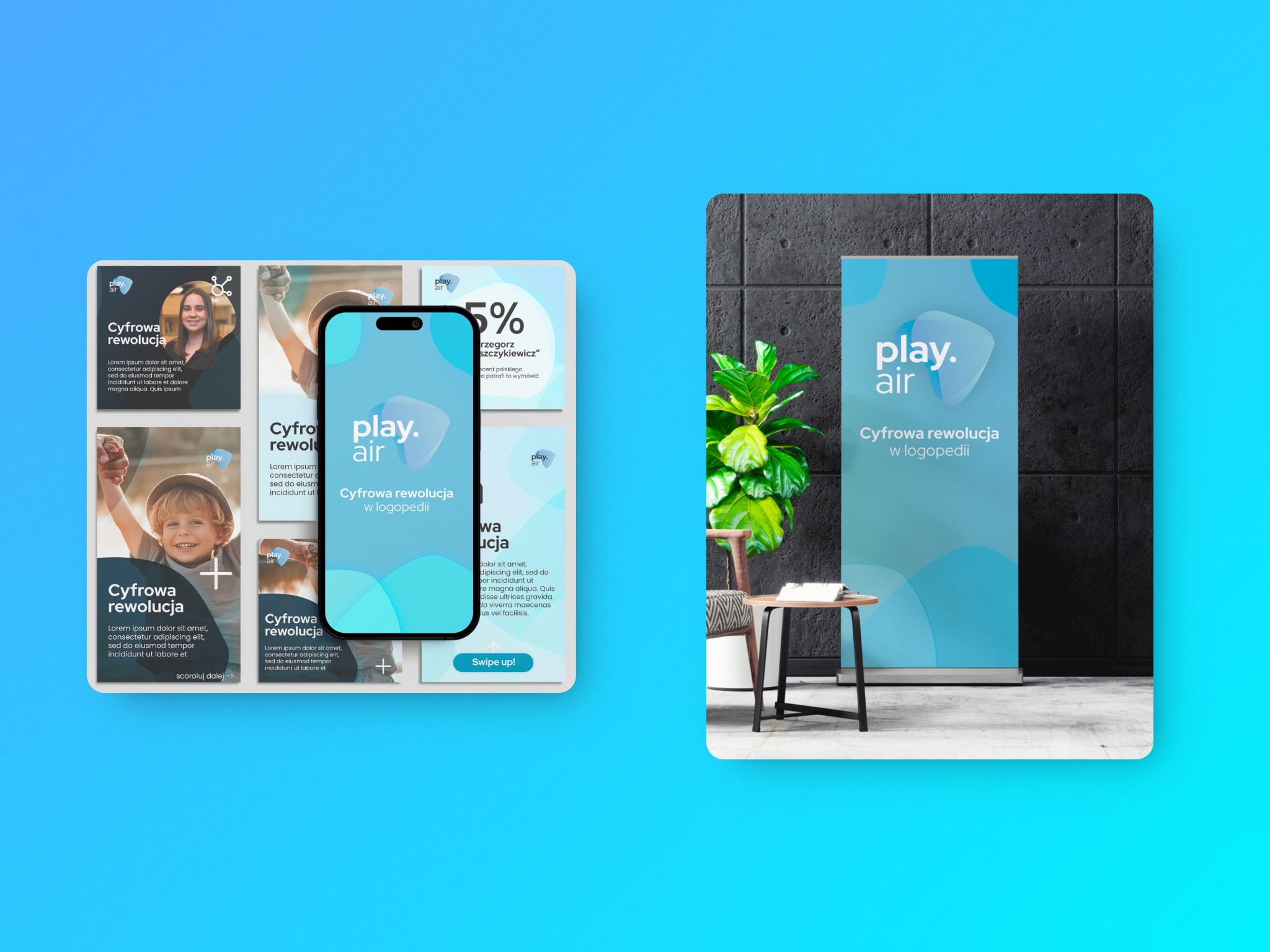 Makieta prezentująca wizualizację marki play.air, z elementami identyfikacji wizualnej, w tym roll-up z logo i hasłem 'Cyfrowa rewolucja w logopedii' oraz grafiki social media prezentujące tę samą...