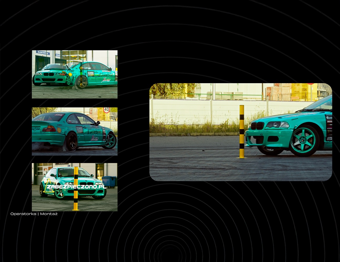 Turkusowy samochód BMW E46 w trakcie driftu, widoczny dym spod kół, kilka ujęć z różnych perspektyw, w tym zbliżenie na przód pojazdu z żółto-czarnym słupkiem.