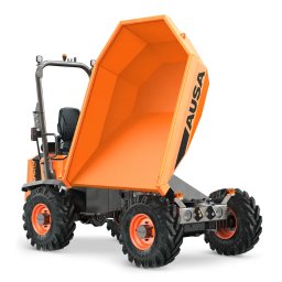 P.H. Agroma S.A. w Poznaniu - Pomarańczowy wywrotka budowlana AUSA z podniesioną skrzynią, widok z przodu na białym tle, opony z pomarańczowymi akcentami.