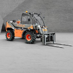 P.H. Agroma S.A. w Poznaniu - Nowoczesna ładowarka teleskopowa AUSA w kolorze szaro-pomarańczowym, zaparkowana na gładkiej betonowej powierzchni, z szarym, teksturowanym tłem.