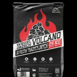 Czarny worek z węglem orzech marki Volcano, przeznaczonym do pieców tradycyjnych, z informacjami o wartości opałowej, popiele i granulacji.