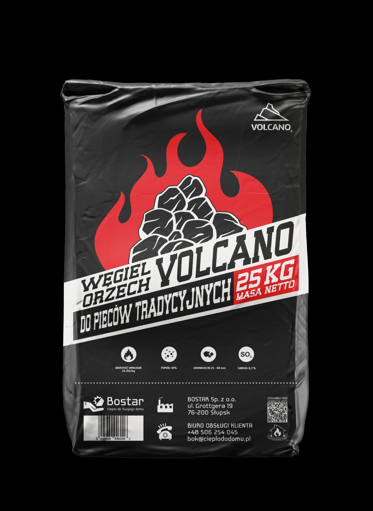 Czarny worek z węglem orzech marki Volcano, przeznaczonym do pieców tradycyjnych, z informacjami o wartości opałowej, popiele i granulacji.