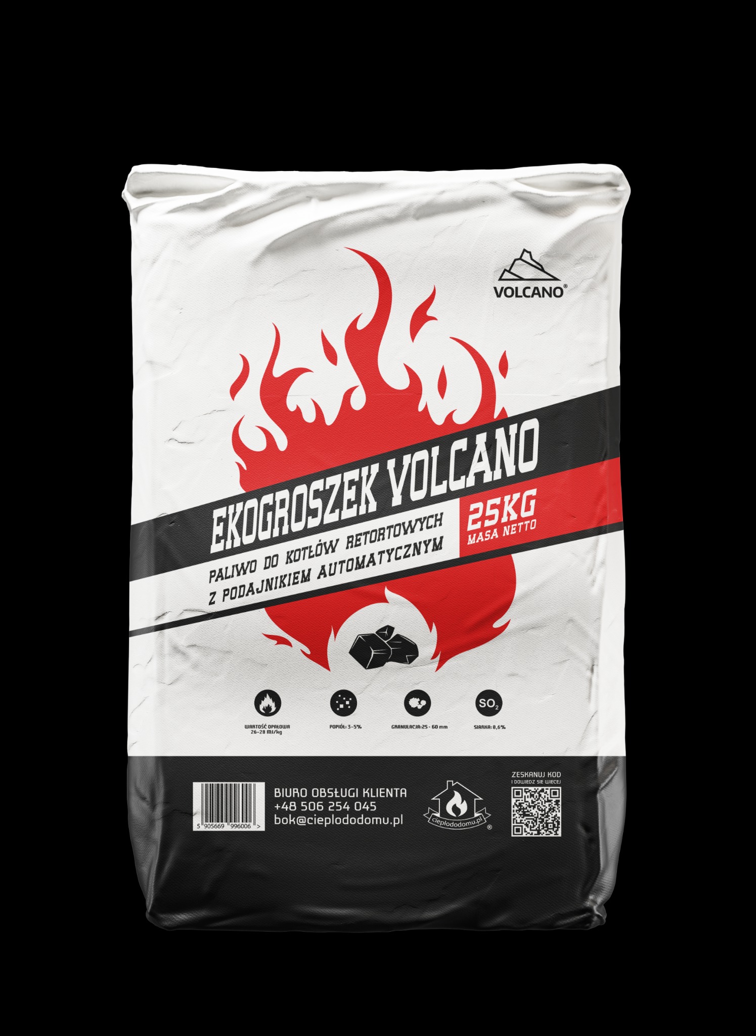 Worek ekogroszku marki Volcano o wadze 25 kg, przeznaczony do kotłów retortowych z podajnikiem automatycznym, z grafiką płomieni i informacjami o parametrach.