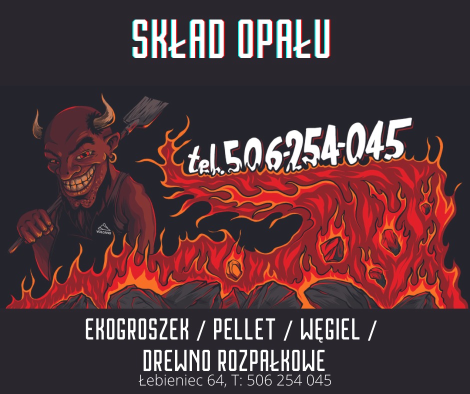 Grafika reklamowa składu opału z diabłem trzymającym łopatę, płomieniami i napisem 'Skład Opału, Ekogroszek / Pellet / Węgiel / Drewno Rozpałkowe' oraz numerem telefonu.