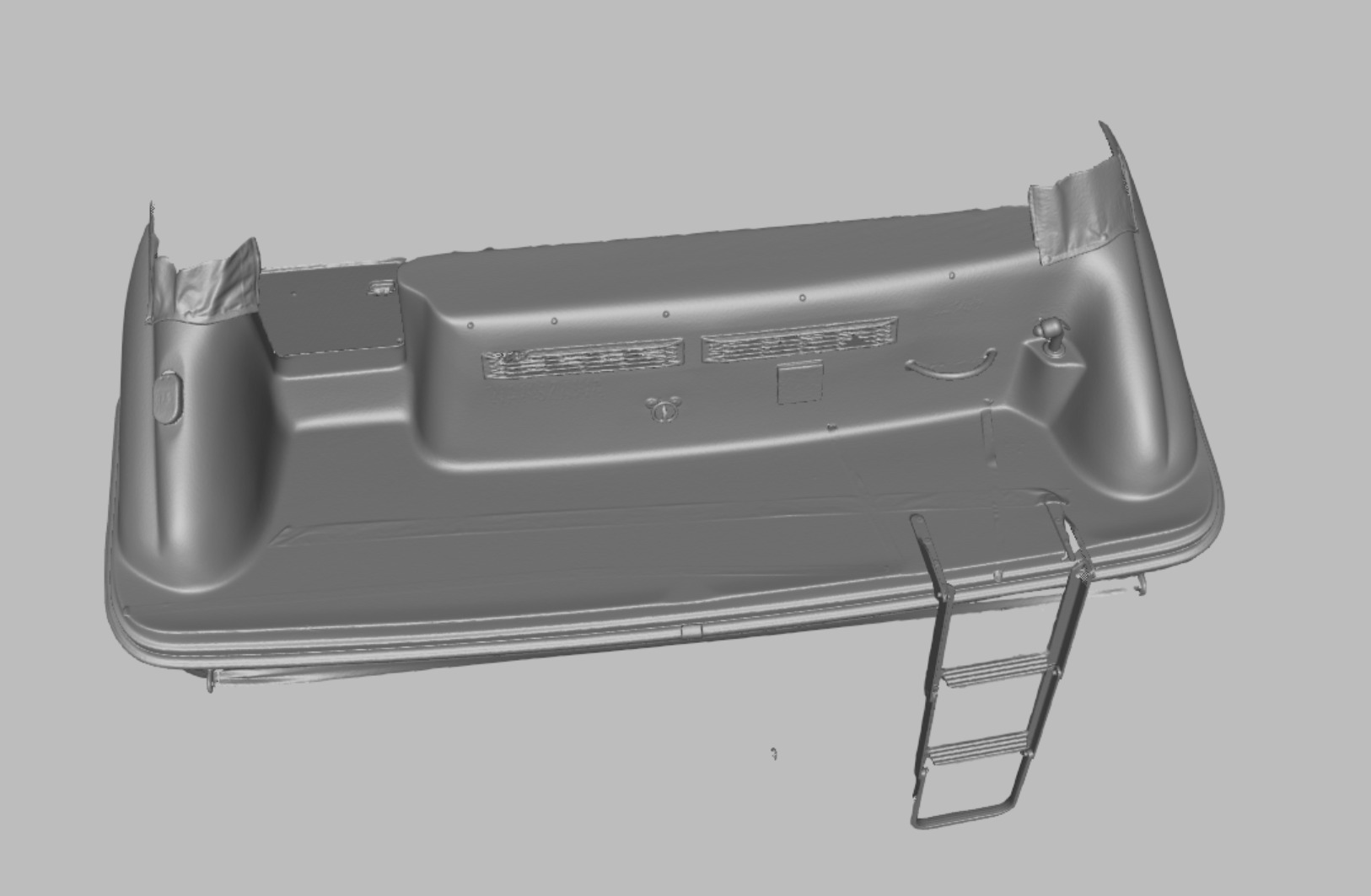 Szary model 3D tylnej części łodzi z drabinką, widoczne detale konstrukcyjne i otwory montażowe.