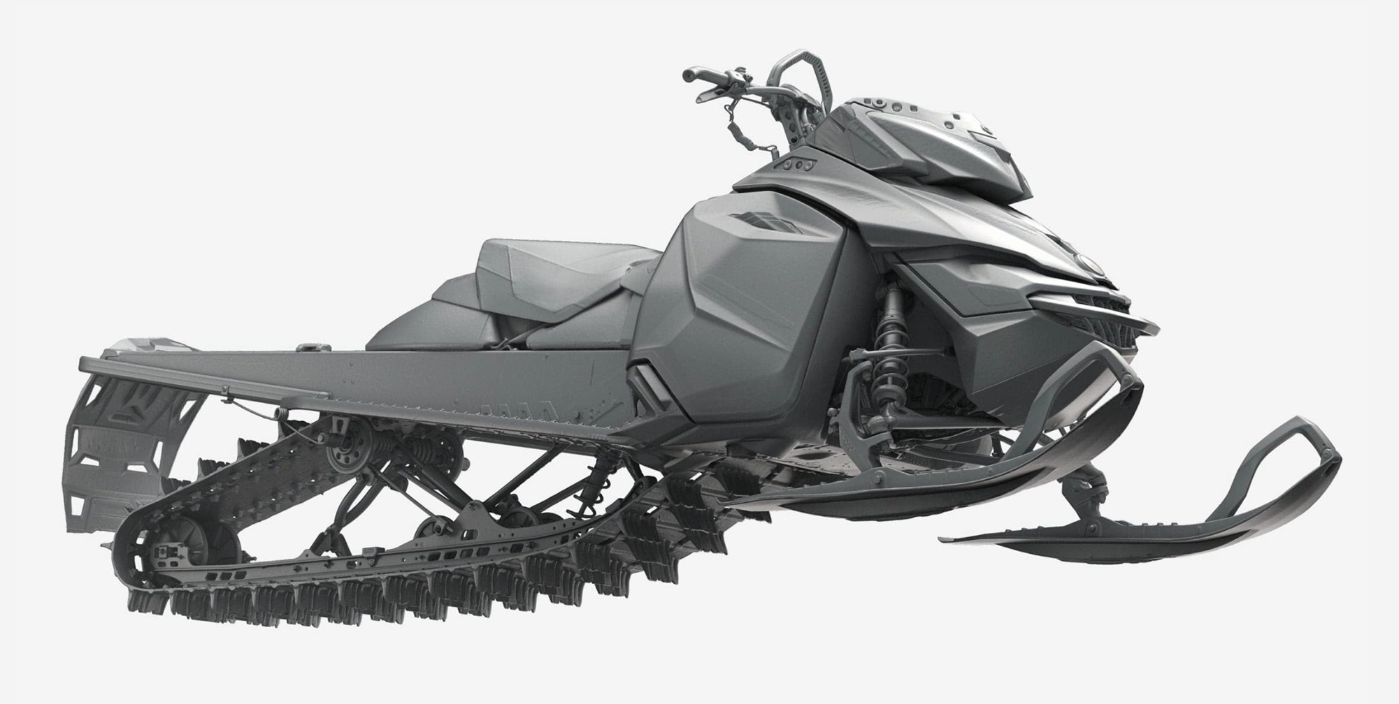 Szary model 3D skutera śnieżnego z wyraźnie widocznymi detalami zawieszenia, gąsienic i przednich płóz, na jednolitym białym tle.
