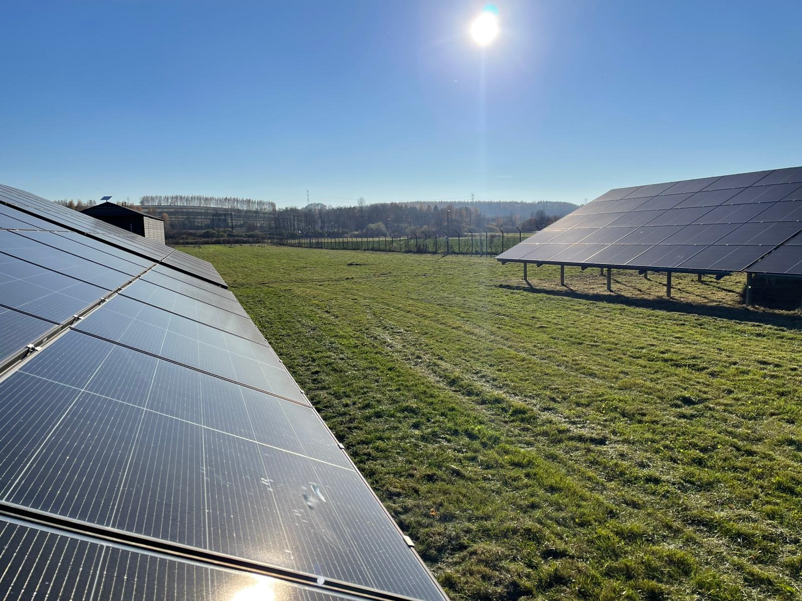 Rozległa farma fotowoltaiczna po koszeniu, z widocznymi panelami słonecznymi i równo przystrzyżoną trawą, w tle zalesione wzgórza pod błękitnym niebem.