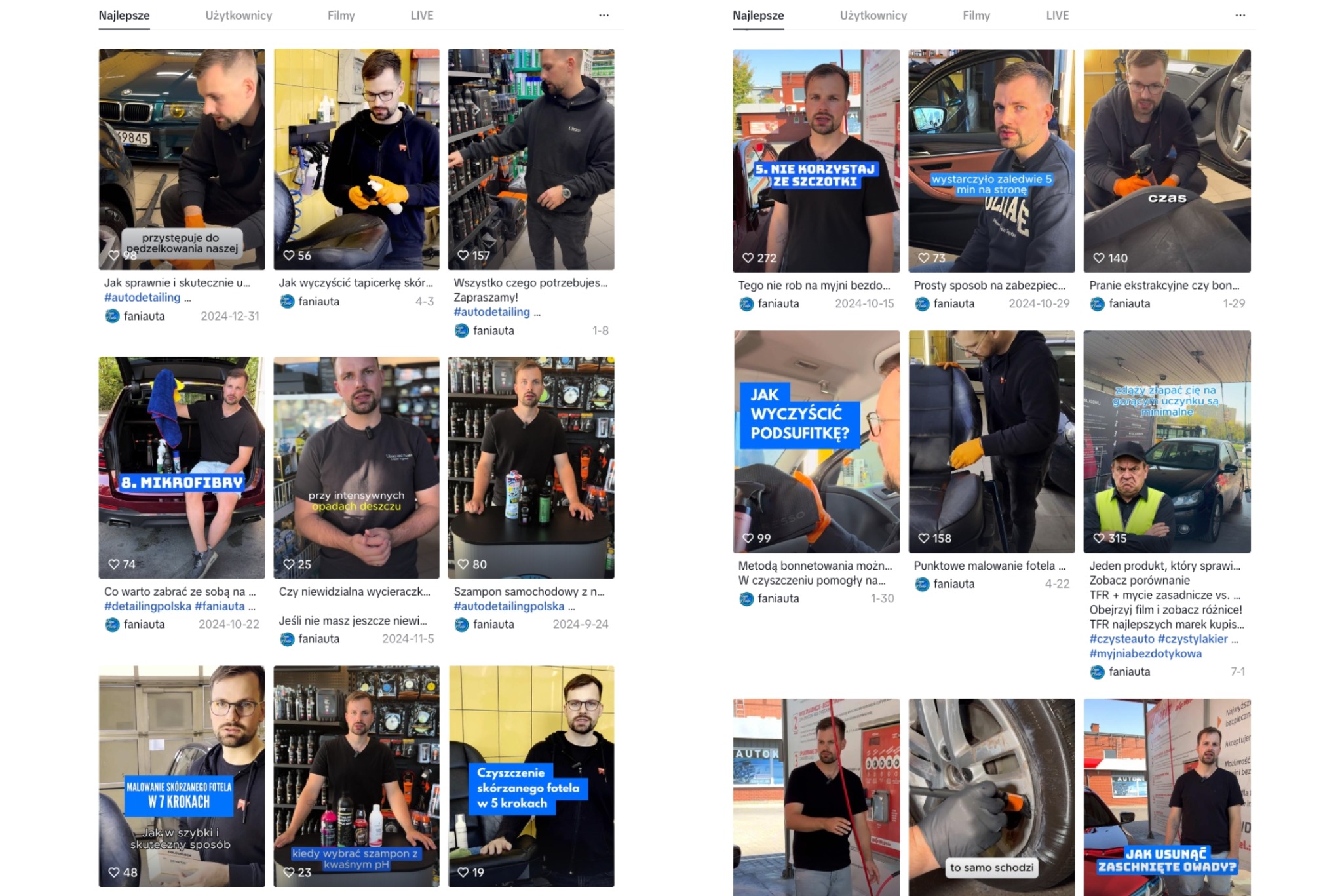Kompilacja filmów z poradami o detailingu samochodowym. Prezentacja różnych etapów czyszczenia i pielęgnacji auta, od tapicerki po felgi, z użyciem dedykowanych produktów.