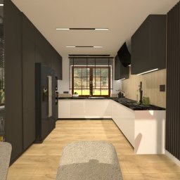 MM PROJEKT Małgorzata Mrozińska - Wizualizacja nowoczesnej kuchni z białymi szafkami dolnymi i czarnymi górnymi, drewnianą podłogą, oknem z żaluzjami oraz kominkiem z płomieniami po prawej stronie. Na pierwszym planie dwa krzesła...