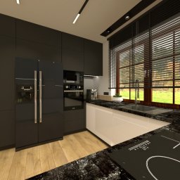 MM PROJEKT Małgorzata Mrozińska - Wizualizacja nowoczesnej kuchni z czarnymi frontami szafek, białymi dolnymi szafkami, blatem z czarnego granitu i drewnianą podłogą, widok na okno z żaluzjami.