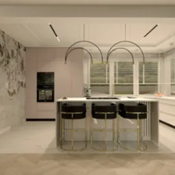 Wnętrze kuchni z wyspą, trzema czarnymi hokerami ze złotymi nogami, oświetleniem w postaci łukowych lamp nad wyspą, ściana z tapetą w kwiaty i zabudowa w odcieniach różu. Widoczny sprzęt AGD...