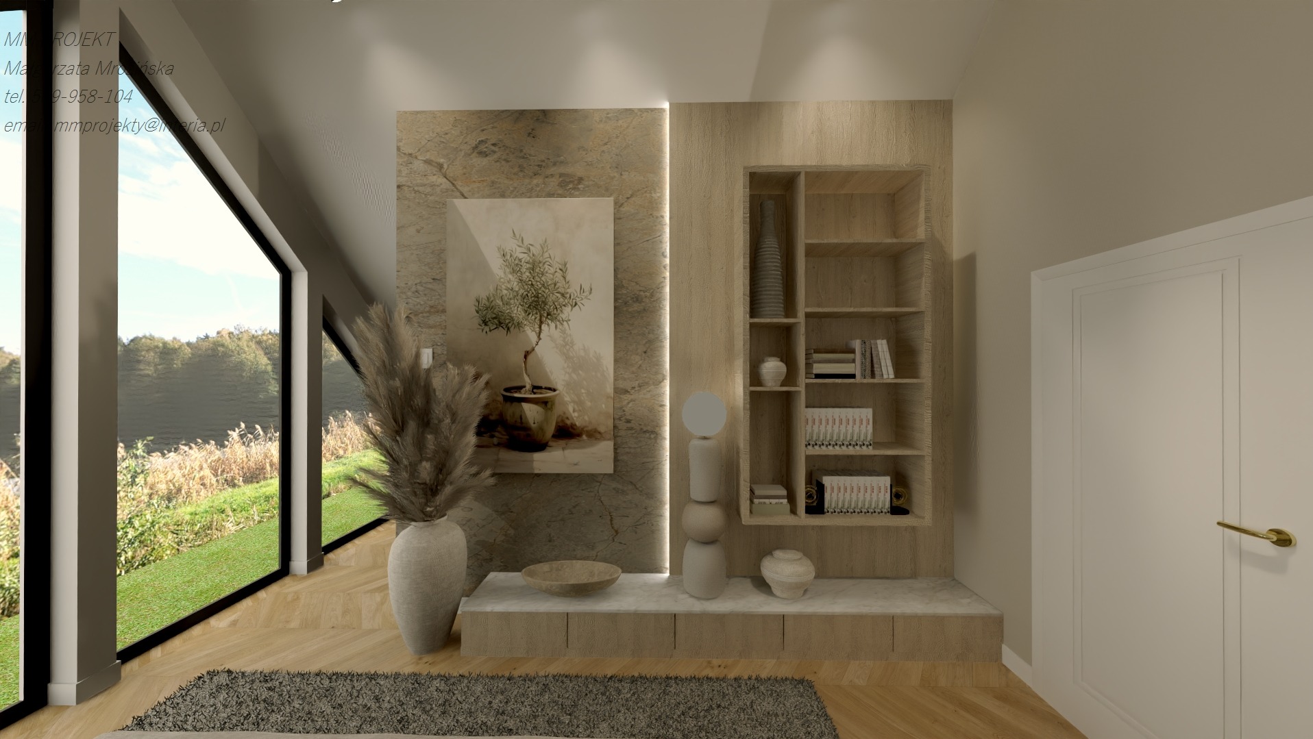 Wizualizacja salonu z dużym oknem, pampasami w wazonie, obrazem drzewka oliwnego i drewnianym regałem z książkami.