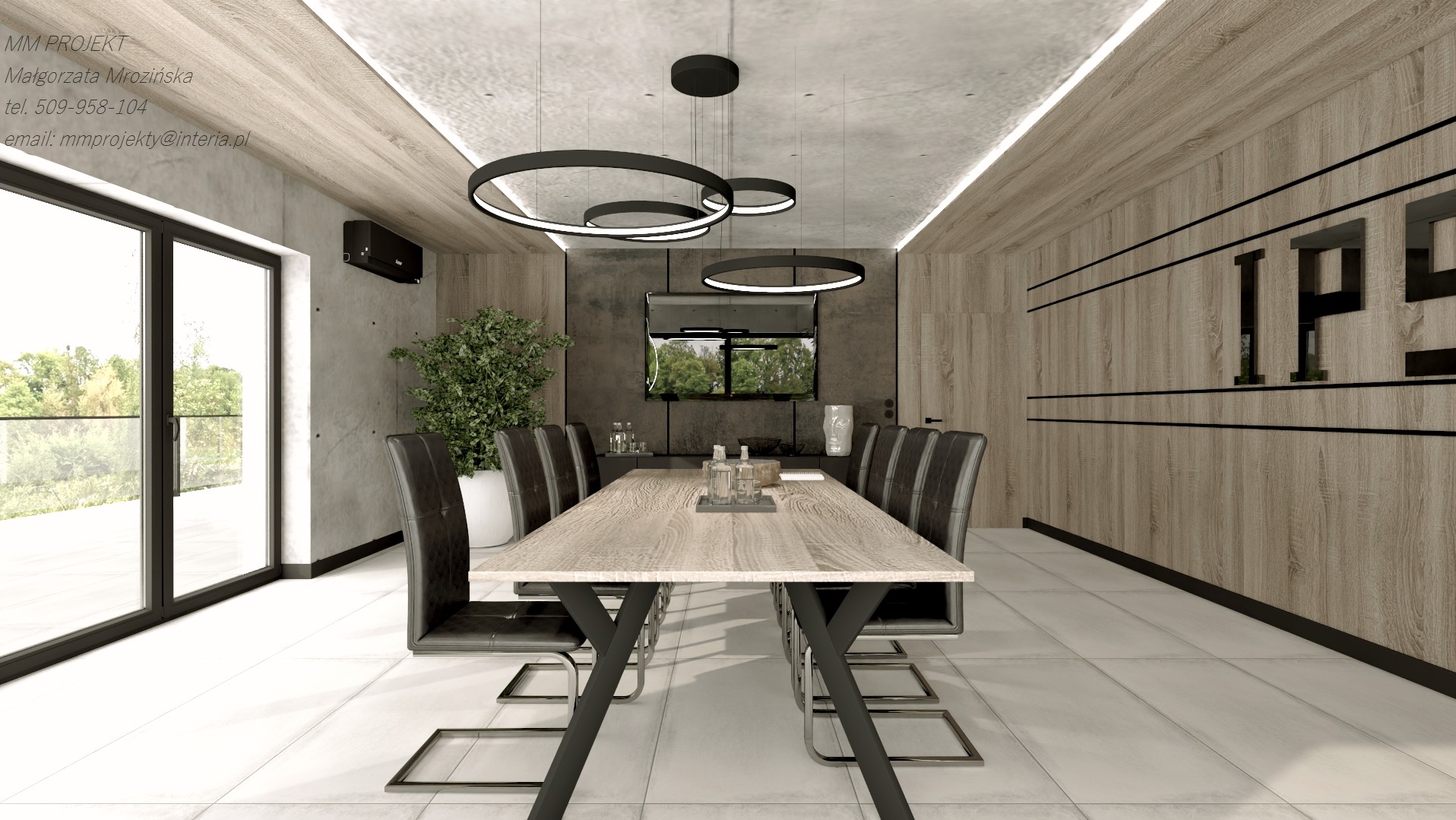 Wizualizacja jadalni z długim stołem z drewnianym blatem, otoczonym przez czarne krzesła, pod nowoczesnymi okrągłymi lampami, z widokiem na zieleń za oknem.