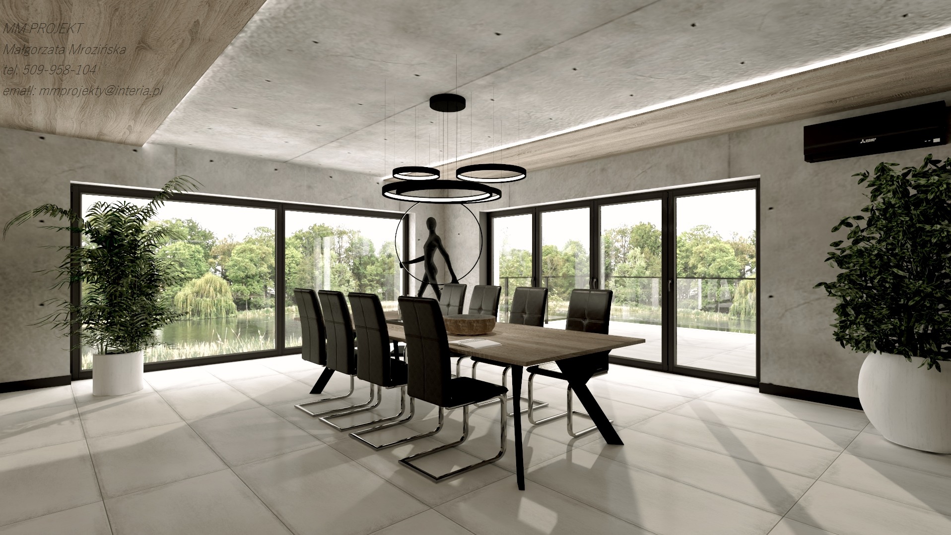 Wizualizacja przestronnej jadalni z dużym oknem z widokiem na jezioro, nowoczesny stół z czarnymi krzesłami, okrągła lampa wisząca, betonowe ściany i podłoga z jasnych płytek.