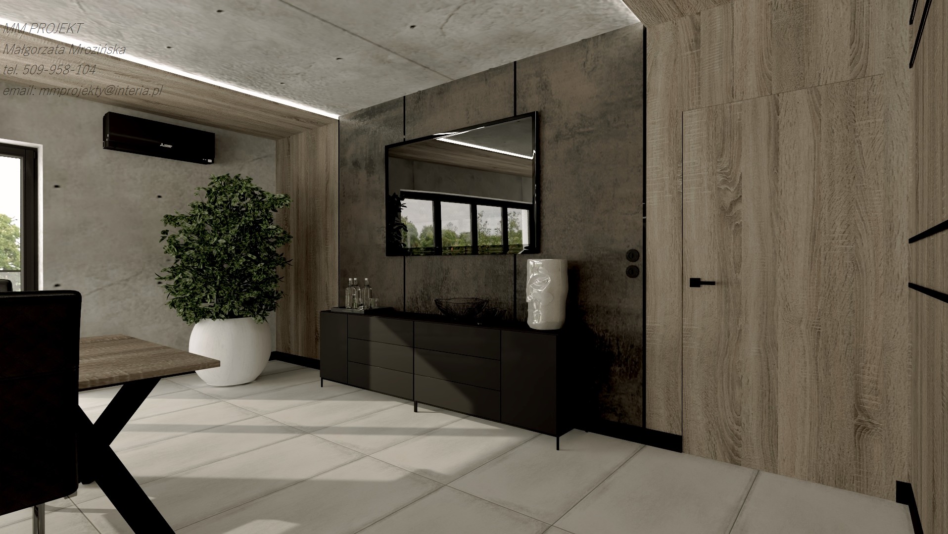 Wizualizacja nowoczesnego salonu z betonową ścianą, drewnianym akcentem i czarną komodą z dekoracjami, lustro z odbiciem widoku z okna, duża roślina w białej donicy, minimalistyczny stół z czarnymi...