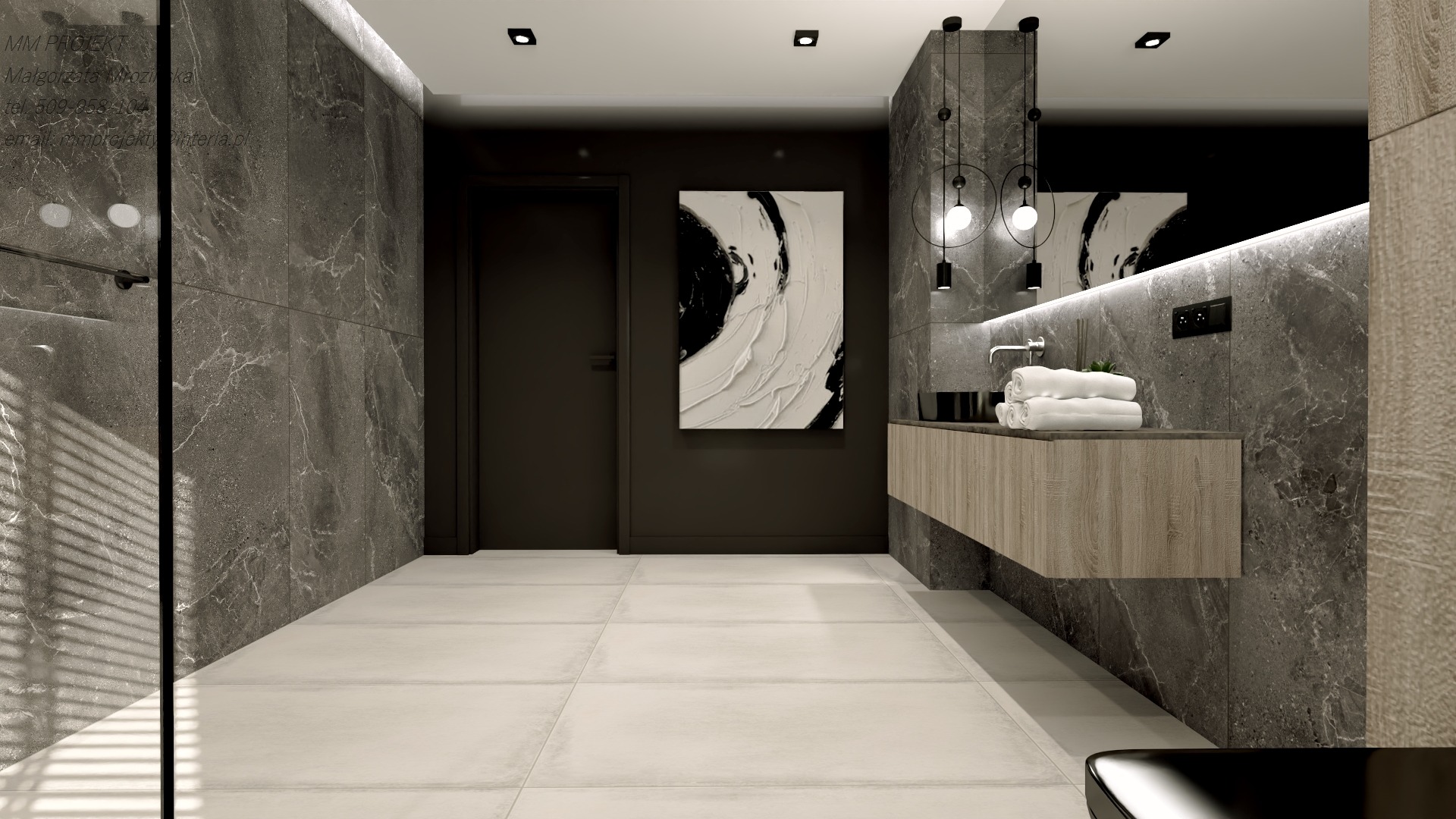 Nowoczesna łazienka z szarymi marmurowymi płytkami, podwieszaną szafką z drewnopodobnym fornirem, okrągłymi lampami wiszącymi i abstrakcyjnym obrazem na ścianie.