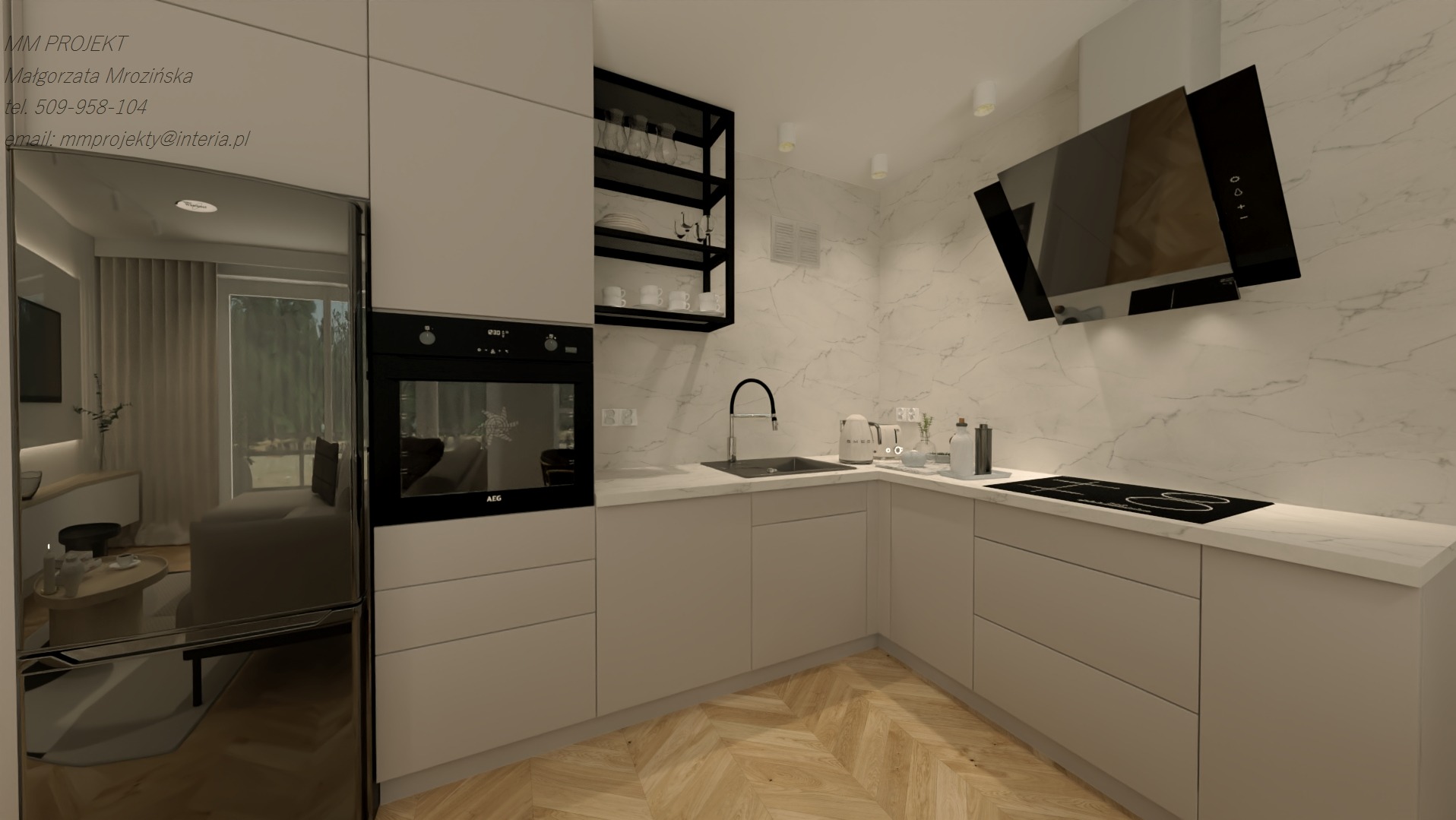 Wizualizacja nowoczesnej kuchni w odcieniach beżu z marmurowym tłem, czarną półką i okapem. Na blacie widoczne akcesoria kuchenne, a w odbiciu lodówki salon.