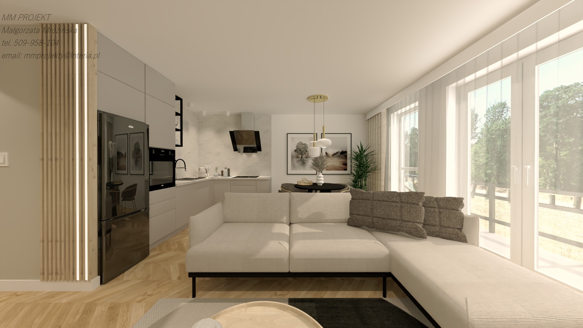 Wizualizacja wnętrza mieszkania: jasna kuchnia z marmurowym backsplashiem płynnie przechodząca w salon z narożną sofą, drewnianą podłogą w jodełkę i dużymi oknami balkonowymi.