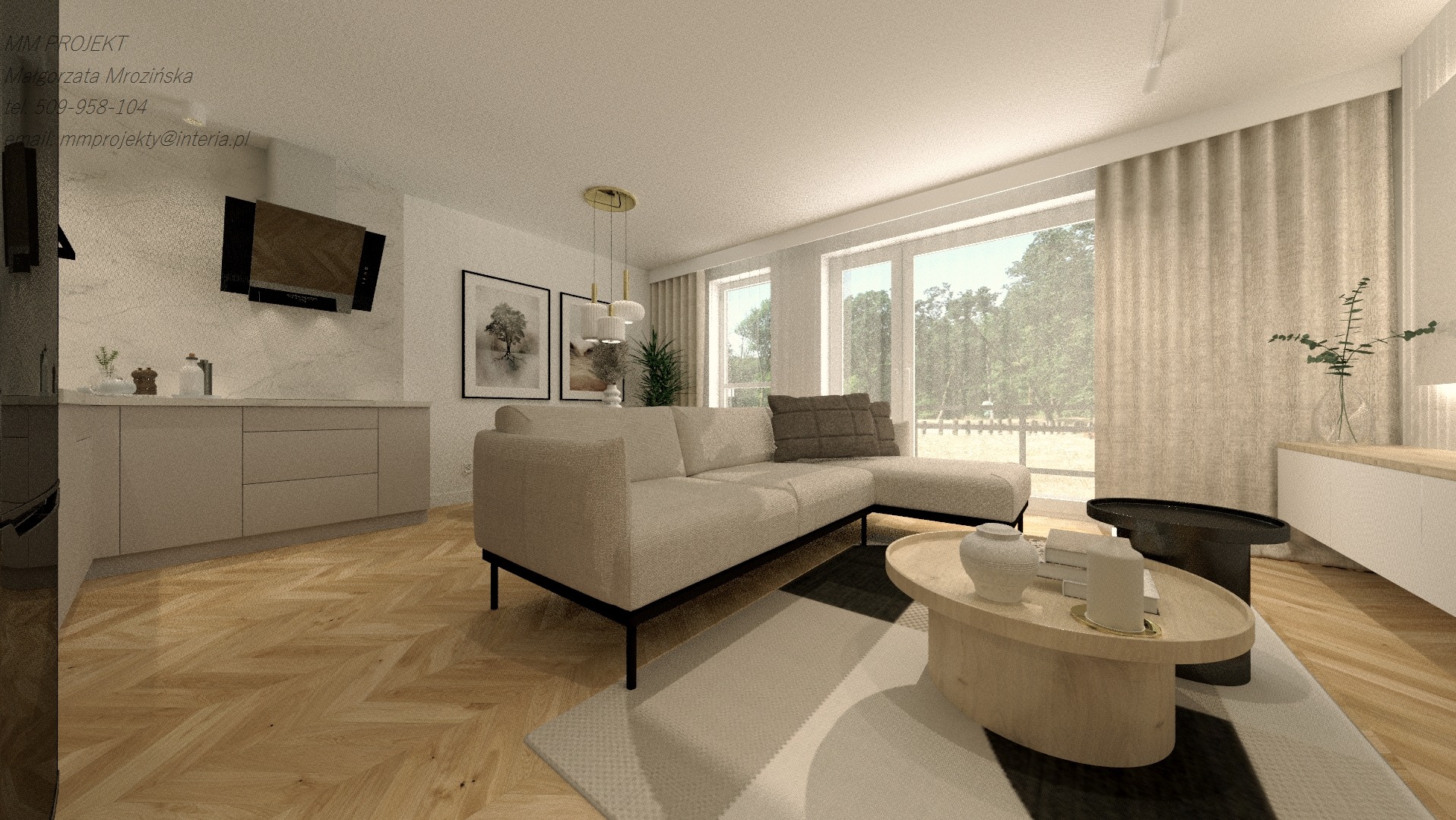 Wizualizacja salonu z beżową sofą narożną, drewnianą podłogą w jodełkę i stolikami kawowymi na wzorzystym dywanie, z widokiem na zieleń za oknem.