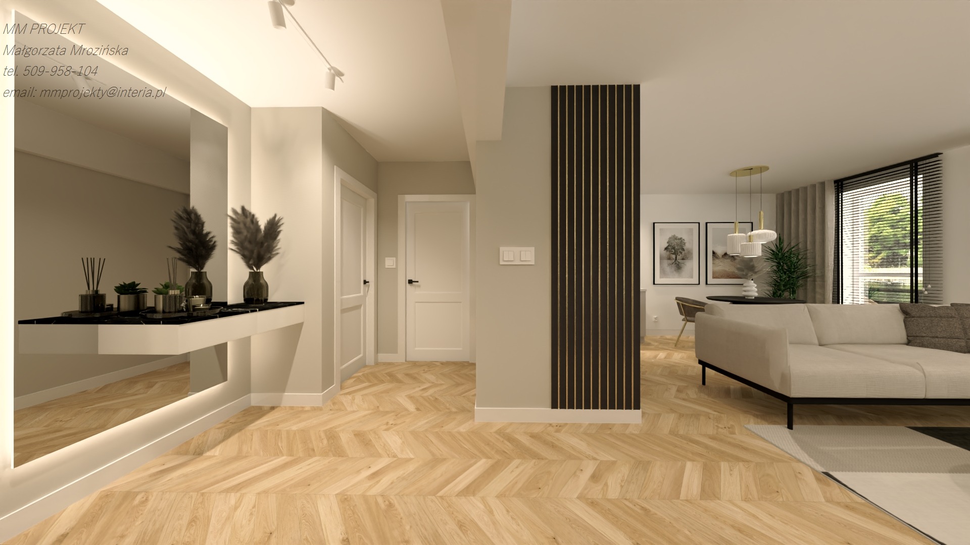 Wnętrze mieszkania z parkietem w jodełkę, lustrem z podświetleniem LED, dekoracyjną ścianką z lameli i jasną sofą w salonie.