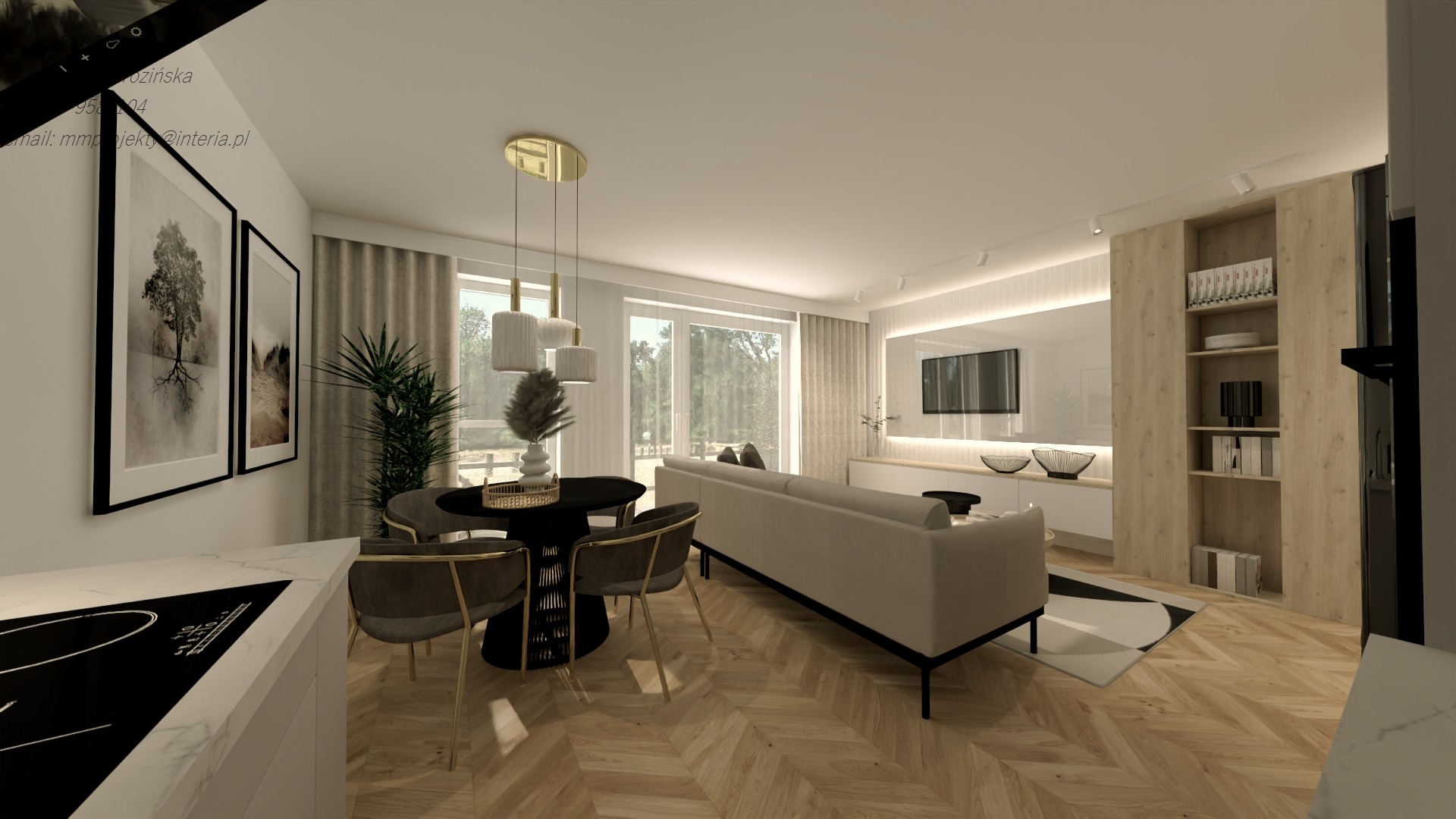 Wizualizacja przestronnego salonu z jadalnią utrzymana w stonowanej kolorystyce, z parkietem w jodełkę, okrągłym stołem z ciemnym blatem i welurowymi krzesłami na złotych nogach, beżową sofą...