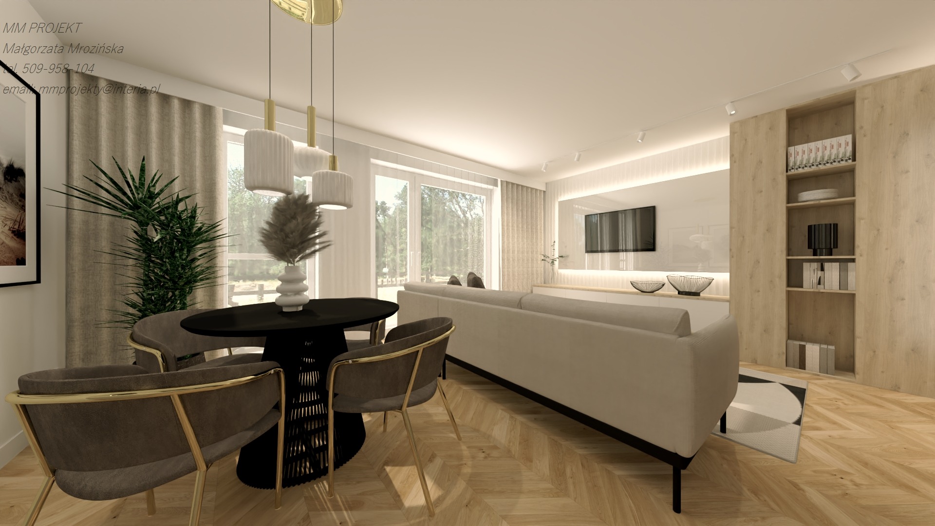 Wizualizacja salonu z czarnym okrągłym stołem, krzesłami z welurowymi siedziskami i złotymi nogami, parkietem w jodełkę, jasną sofą i regałem z jasnego drewna.