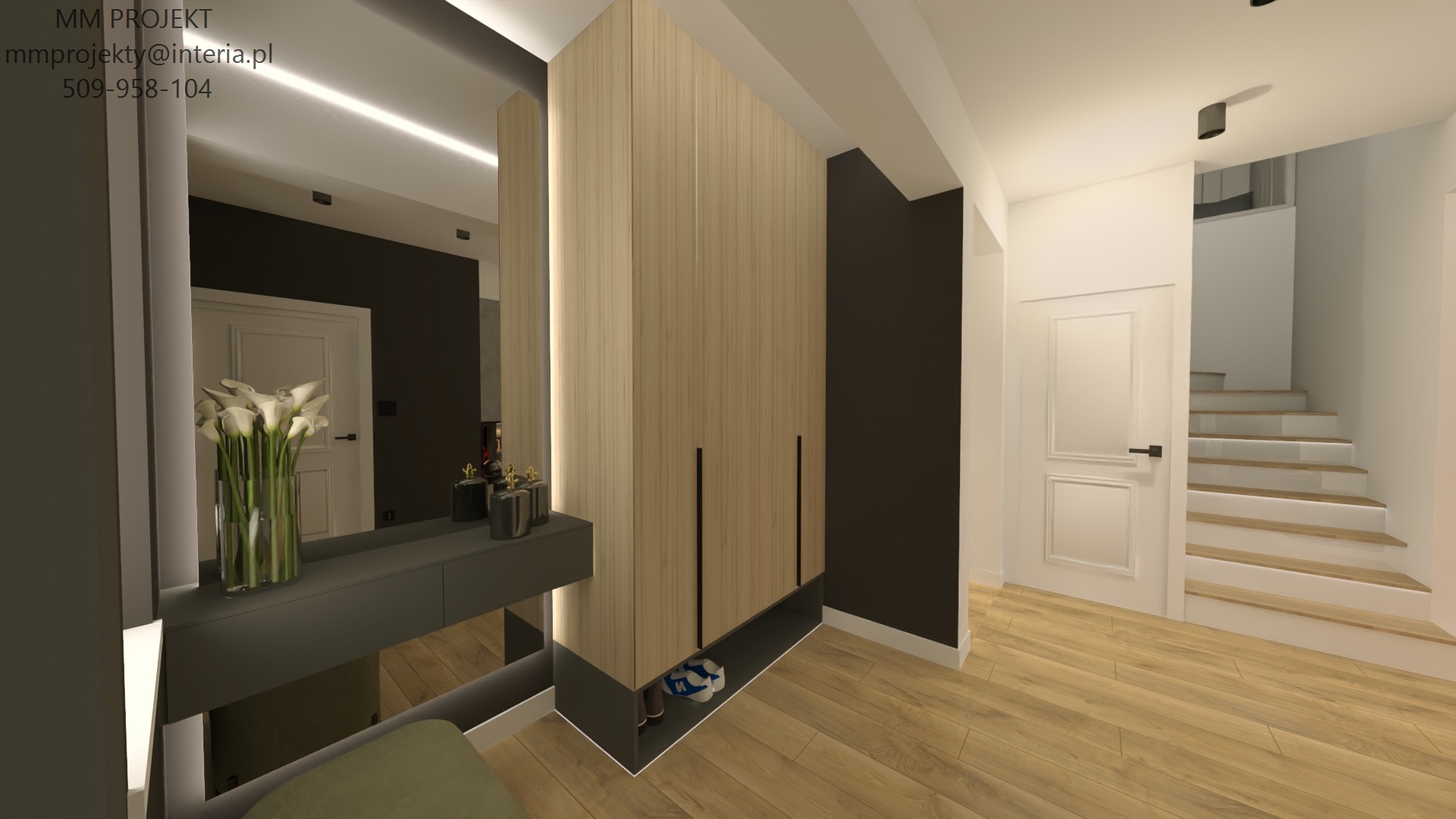 Wizualizacja przedpokoju z drewnianą podłogą, szafą z jasnego drewna z czarnymi uchwytami, szarą konsolą z lustrem i wazonem z białymi kwiatami, w tle białe schody z podświetleniem LED.