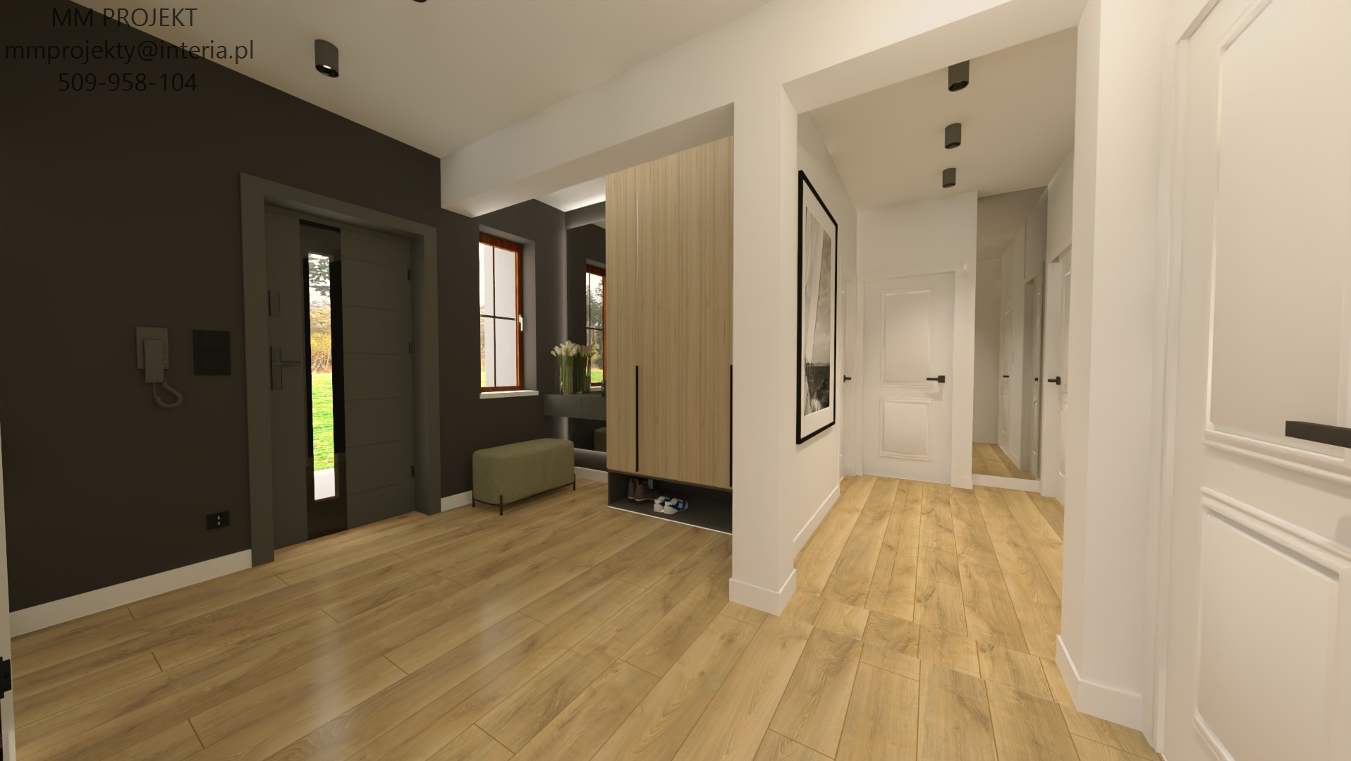 Wizualizacja przestronnego holu wejściowego z drewnianą podłogą, szafą w zabudowie z siedziskiem i lustrem, oraz widokiem na dalszą część mieszkania. Na ścianie widoczny domofon.