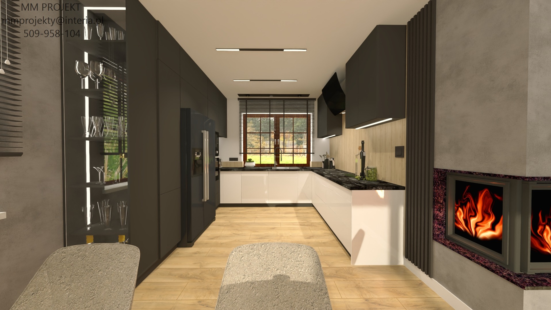 Wizualizacja nowoczesnej kuchni z białymi szafkami dolnymi i czarnymi górnymi, drewnianą podłogą, oknem z żaluzjami oraz kominkiem z płomieniami po prawej stronie. Na pierwszym planie dwa krzesła...