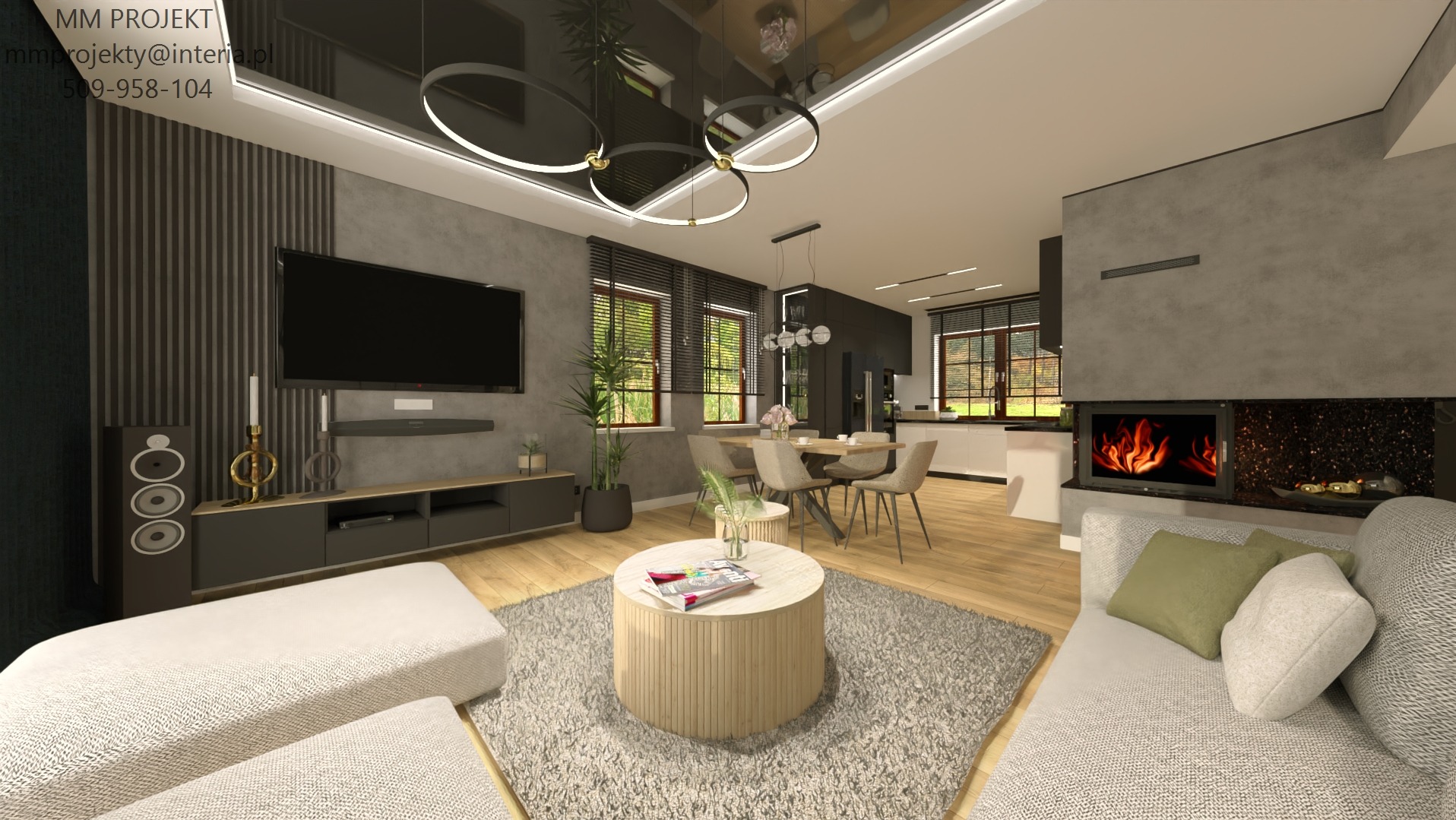 Wizualizacja przestronnego salonu z kominkiem, telewizorem i stołem jadalnym, oświetlonego nowoczesnymi lampami wiszącymi.
