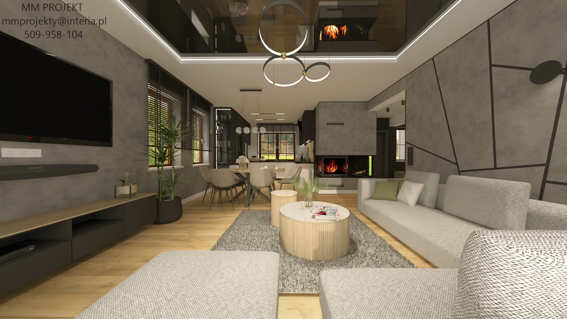 Wizualizacja salonu z otwartą przestrzenią jadalni i kuchni, szare ściany z geometrycznymi wzorami, kominek z płomieniami, drewniana podłoga i nowoczesne oświetlenie.