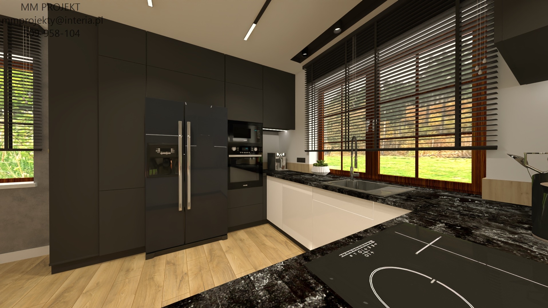 Wizualizacja nowoczesnej kuchni z czarnymi frontami szafek, białymi dolnymi szafkami, blatem z czarnego granitu i drewnianą podłogą, widok na okno z żaluzjami.