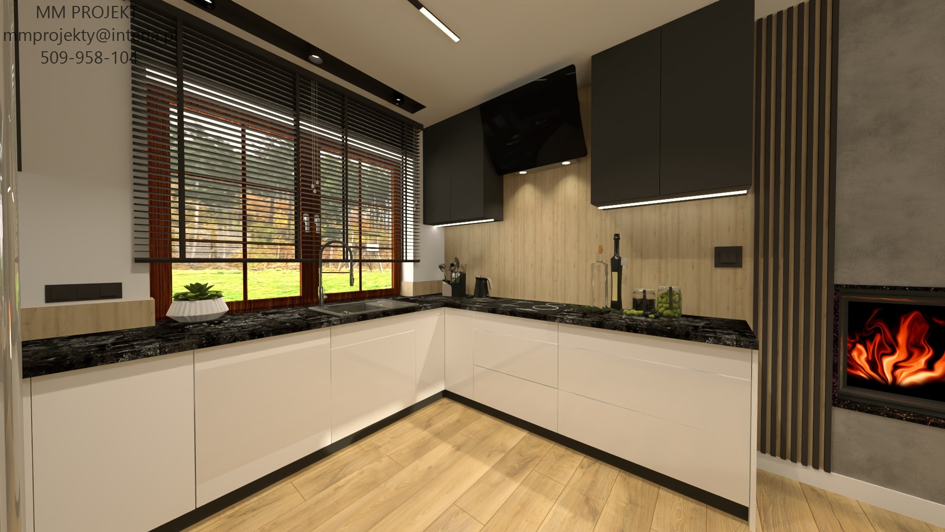 Wnętrze nowoczesnej kuchni z białymi szafkami, czarnym blatem z marmuru, drewnianą podłogą i oknem z żaluzjami, widok na ogród, dekoracyjny kominek.